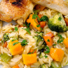 Roasted Chicken Leg Quarters with Vegetable Orzo
