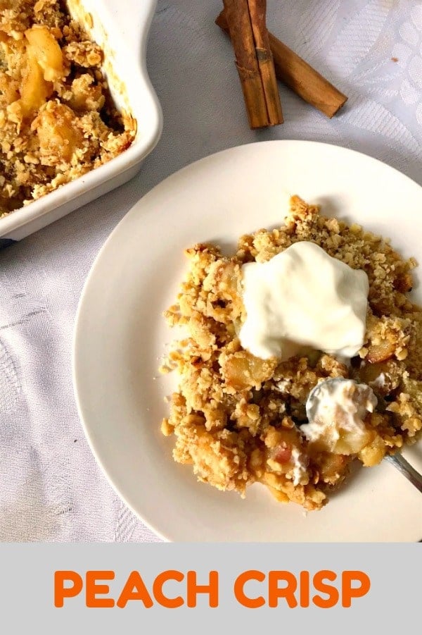 Peach Crisp or Peach Crumble, a fantastic summer dessert made with fresh juicy peaches, and a crunchy oat and flour topping. It's super easy to make, and a great choice if you are looking for egg-free desserts for your family.