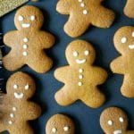 Overehead shot of 7 gingerbread man cookies decorated with icing