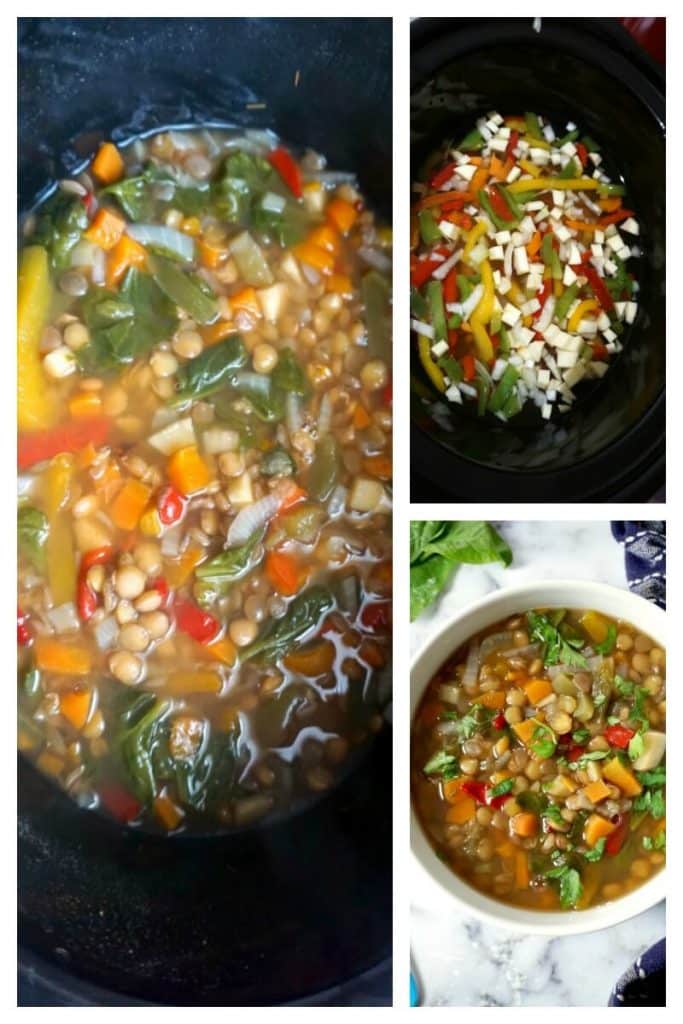 Collage of 3 photos to show how to make slow cooker lentil soup