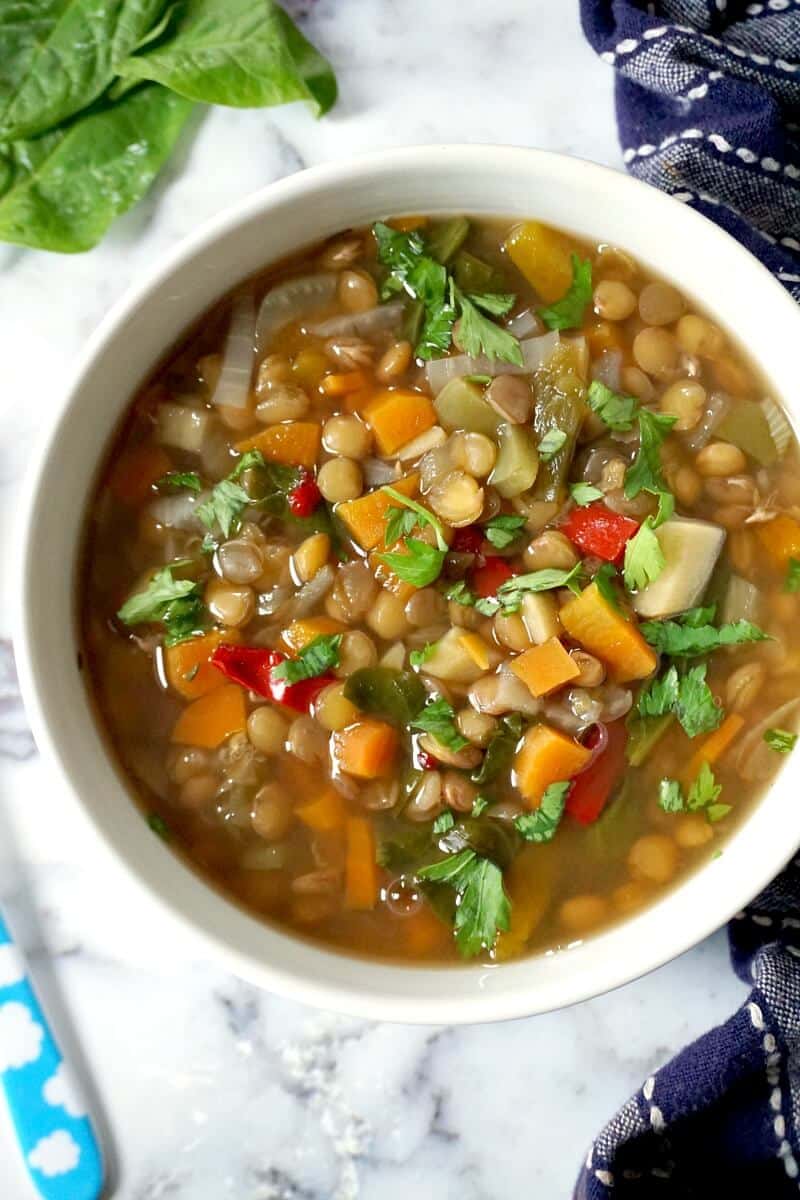 Overhead shoot of a white bowl with slow cooker lentil soup