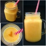 A collage of 3 photos of mango and banana smoothie