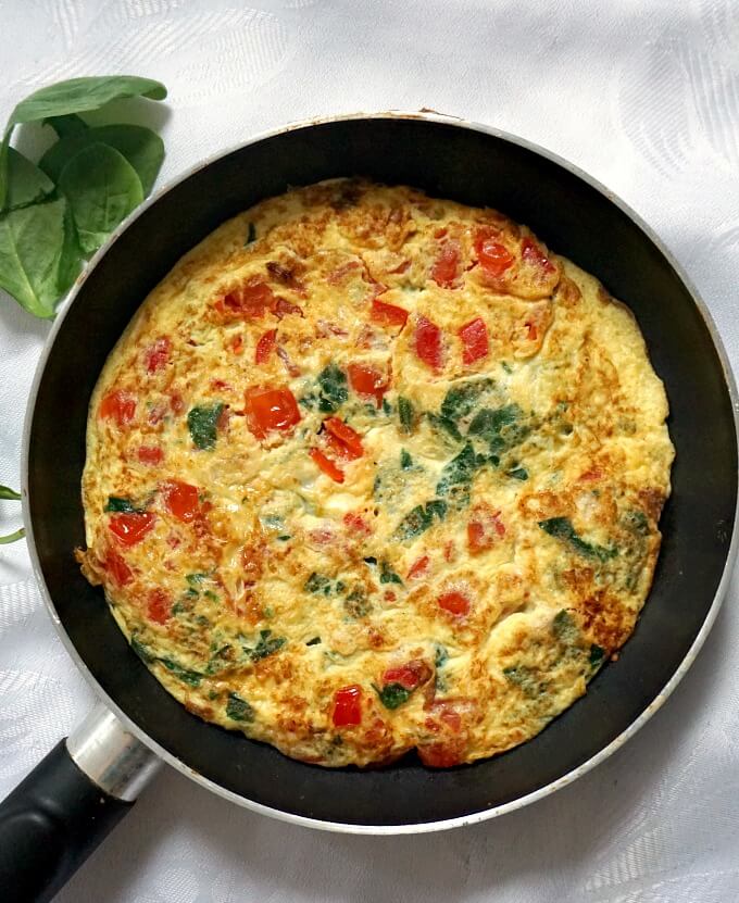 Overhead shot of a pan of vegetarian omelette