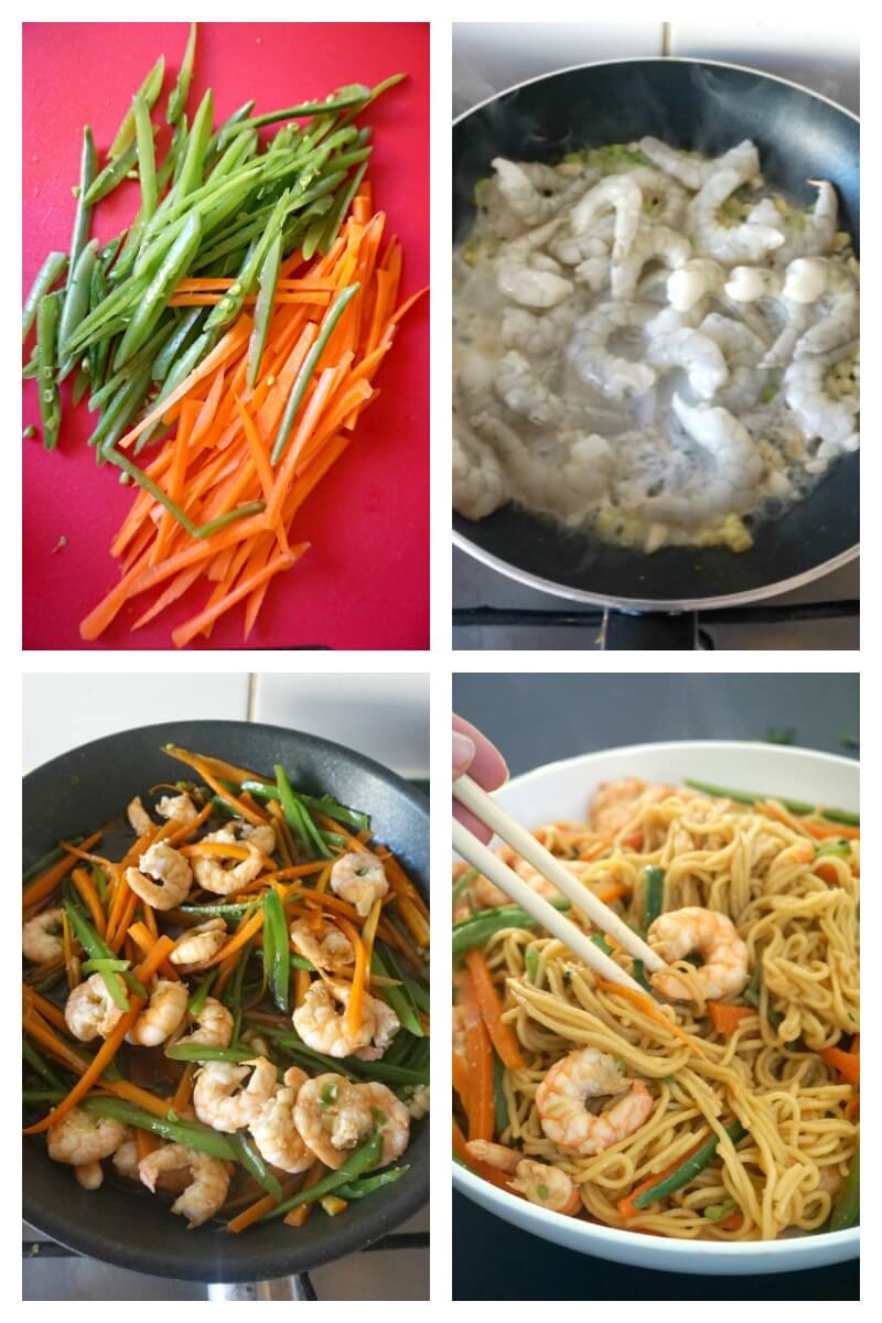 A collage of 4 photos to show how to make spicy shrimp stir-fry with noodles.