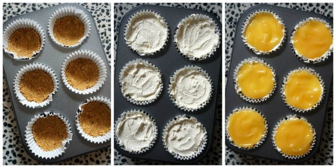 A collage of 3 photos to show how to make mini lemon cheesecakes