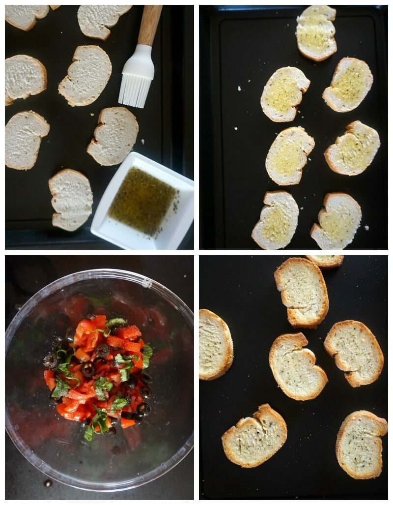 Collage of 4 photos showing how to make tomato bruschetta.