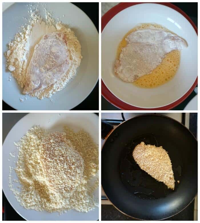 Collage of 4 photos to show how to make chicken schnitzel.