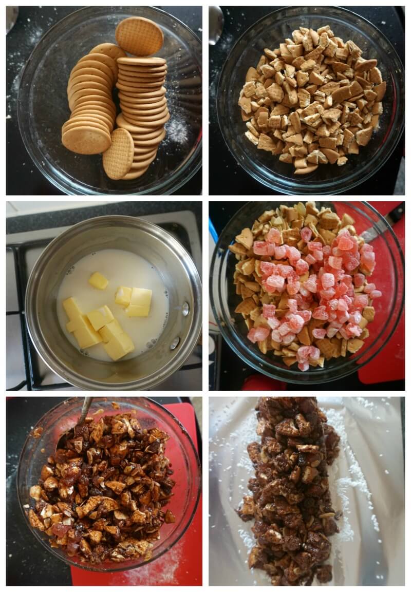 Collage of 6 photos to show how to make Chocolate Salami.
