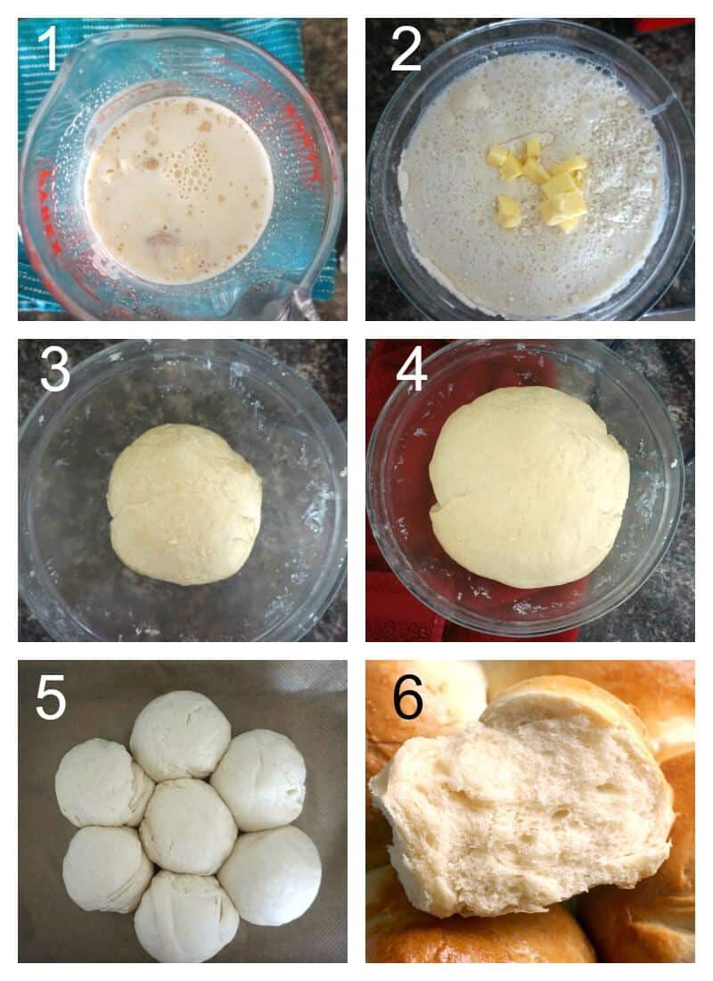 Collage of 6 photos to show how to make dinner rolls.