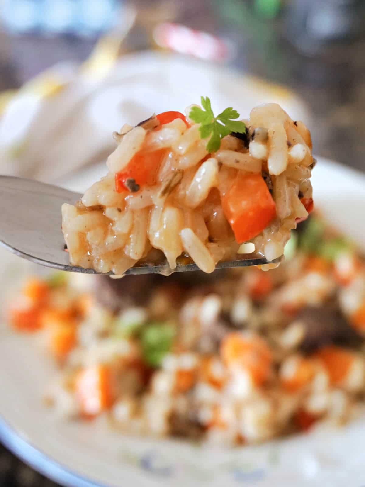 Close-up shot of a forkful of rice pilaf.
