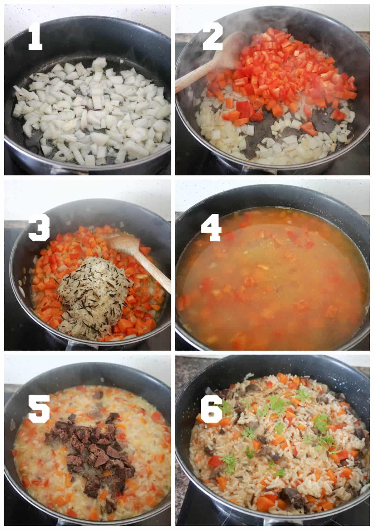 Collage of 6 photos to show how to make chicken liver pilaf.