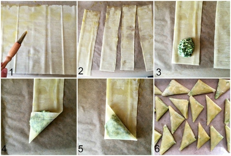 Collage with step-by-step instructions on how to make spanakopita triangles.