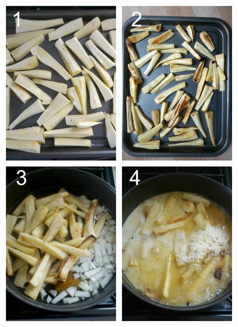 Collage of 4 photos to show how to make roast parsnip soup.
