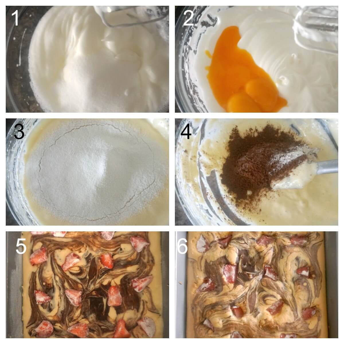 Collage of 6 photos to show how to make strawberry chocolate sponge cakes.