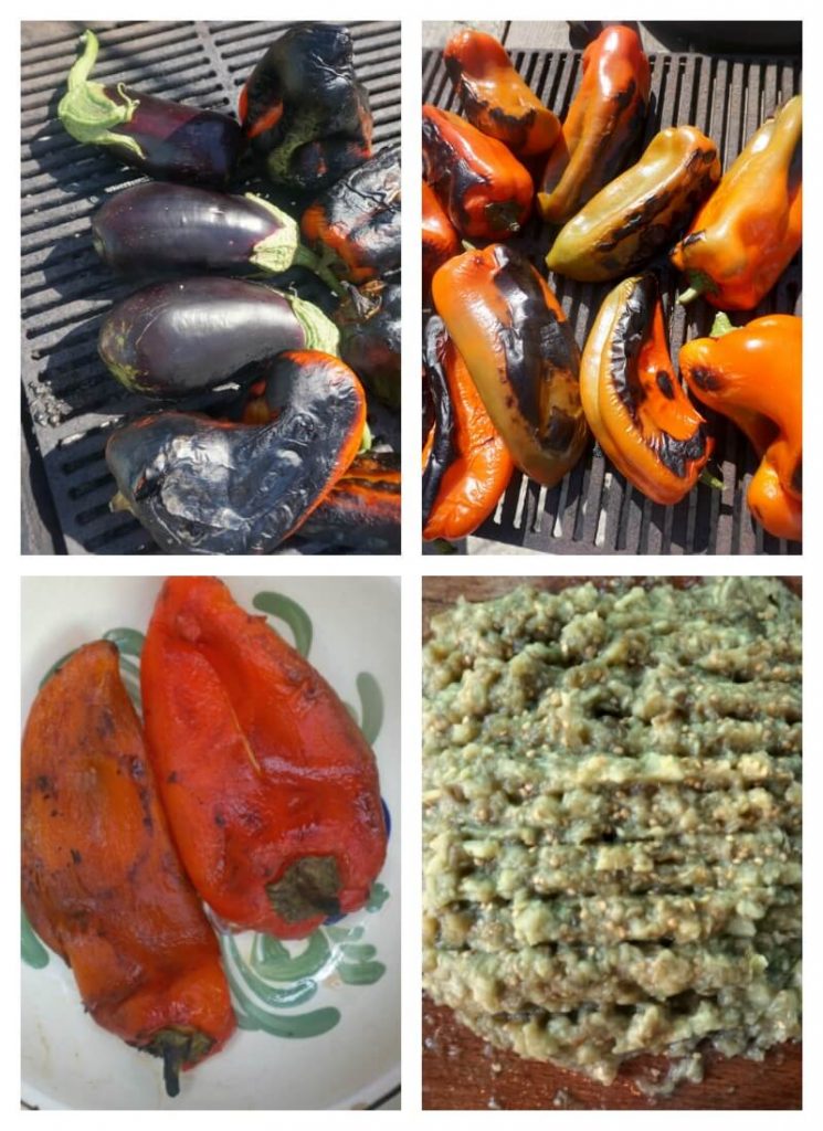 Collage of 4 photos to show how the roasted eggplant dip is made