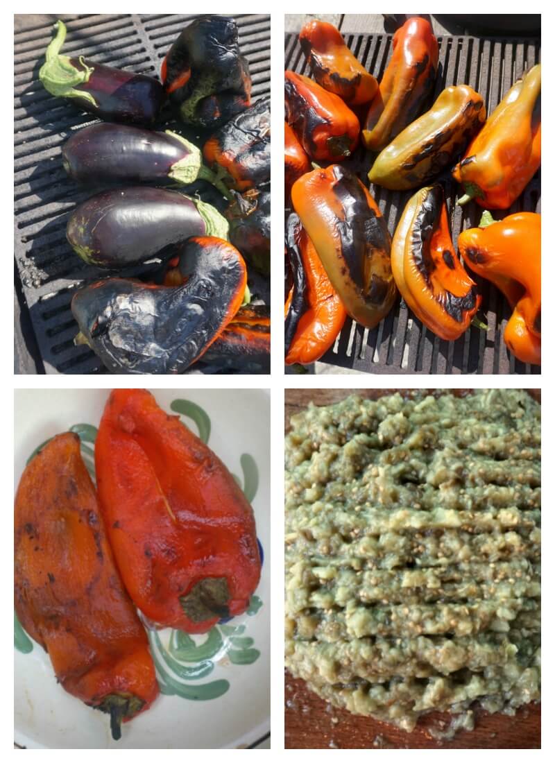 Collage of 4 photos to show how the roasted eggplant dip is made.