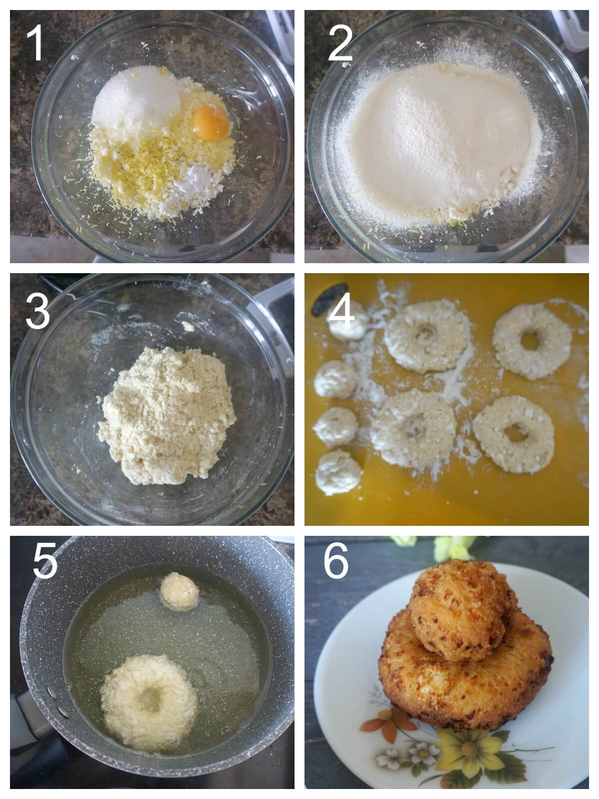Collage of 6 photos to show how to make Romanian papanasi.