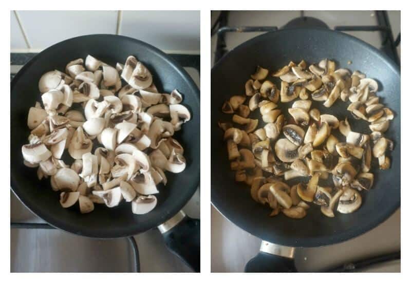 Collage of 2 photos to show how to cook mushrooms for pizza