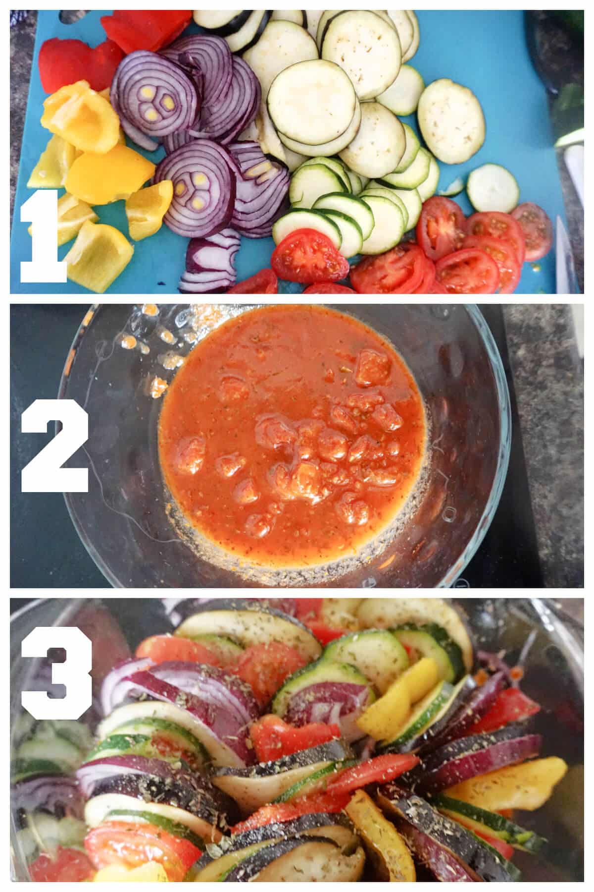 Collage of 3 photos to show how to make baked ratatouille.