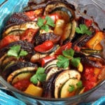 A glass dish with ratatouille