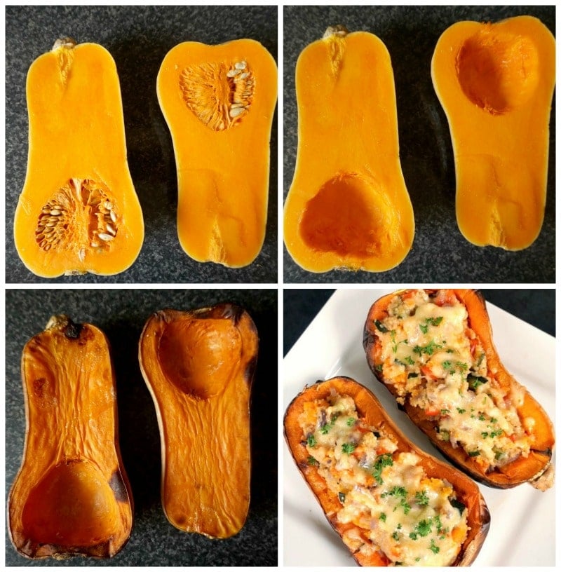Collage photo which shows the butternut squash halved, in the first photo the squash has the seeds in, in the second photo the seeds have been removed, in the third photo the squash is roasted, and in the fourth one the squash is stuffed with the veggie couscous