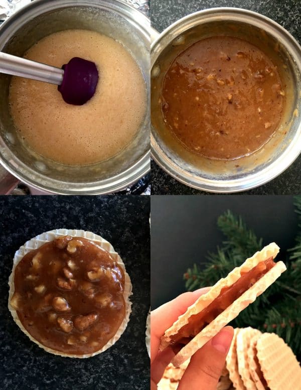 Collage of 4 photos to show how to make caramel wafers