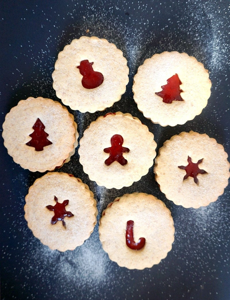 Overeheas shot of 7 linzer cookies