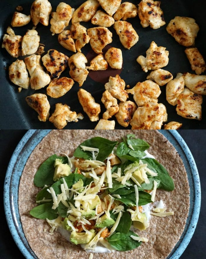Collage of 2 photos to show how to make grilled chicken avocado wrap