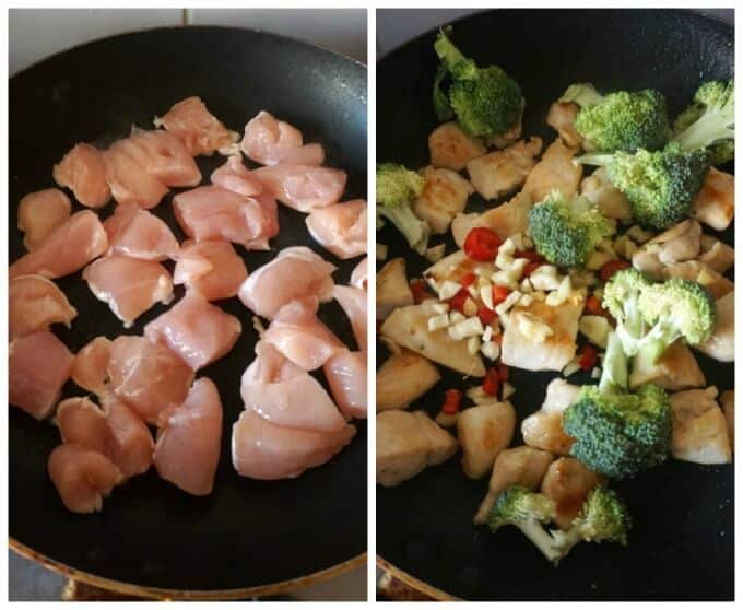 Collage of 2 photos to show how to make Healthy Chinese Chicken and Broccoli Stir Fry with Rice.