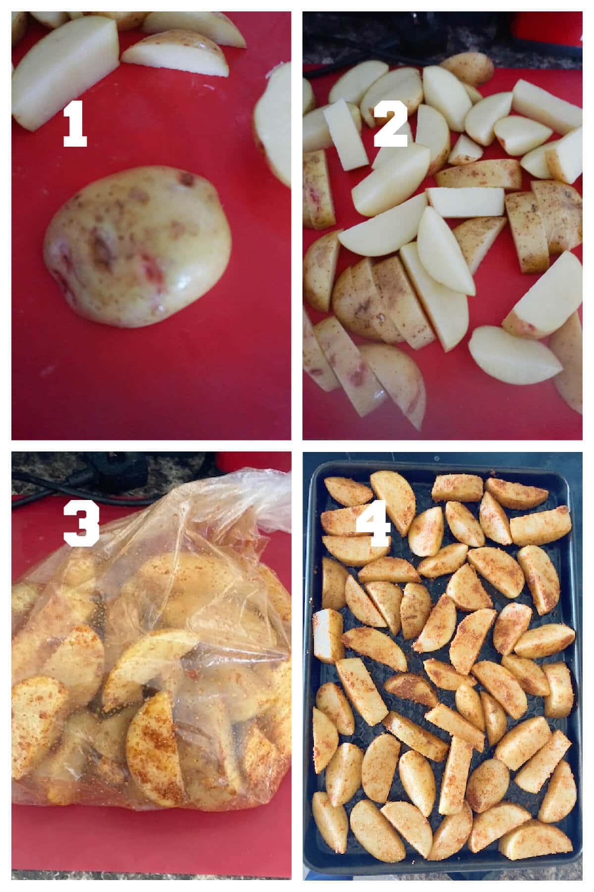 Collage of 4 photos to show how to make paprika potato wedges.