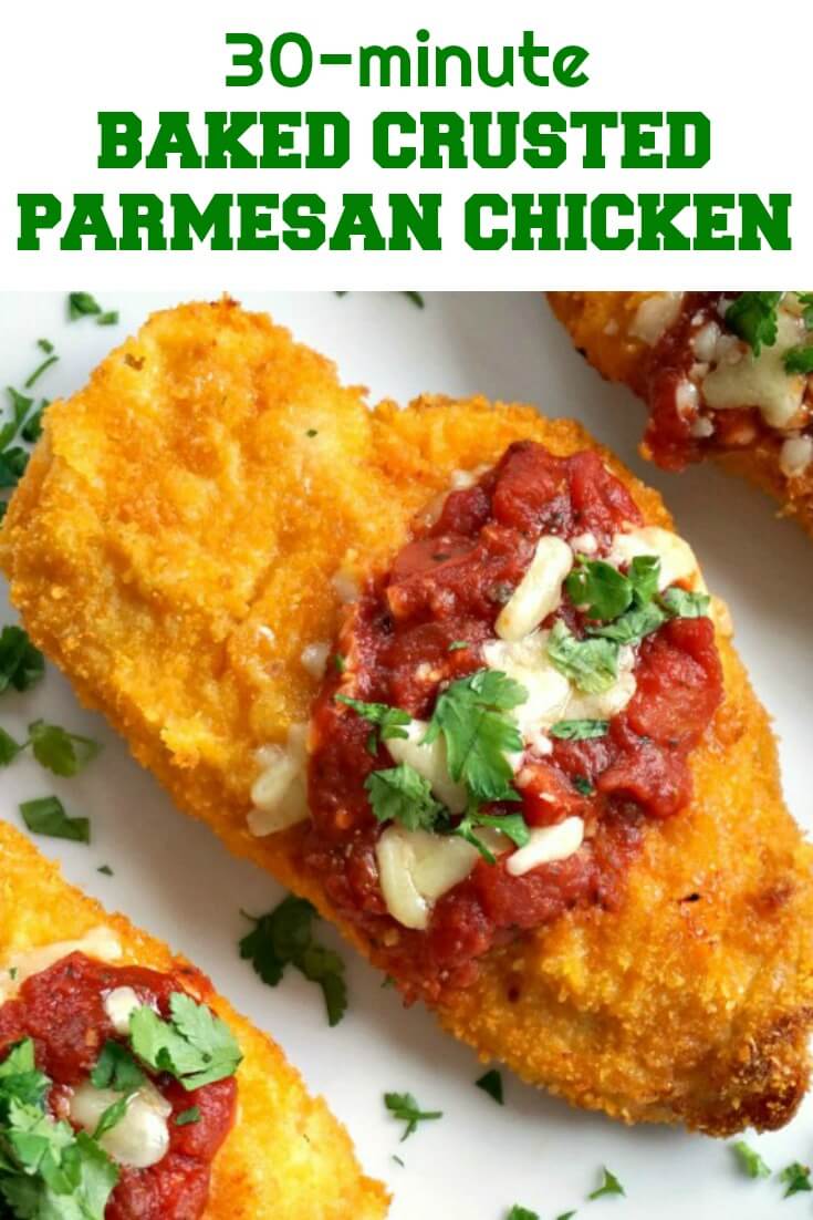 Baked Crusted Parmesan Chicken is one of those 30-minute recipes that go well with all the members of the family. A lot healthier than the fried version, but as crispy and tasty. It really ticks all boxes when it comes to a quick midweek meal. This is one delicious and easy parmesan crusted chicken.