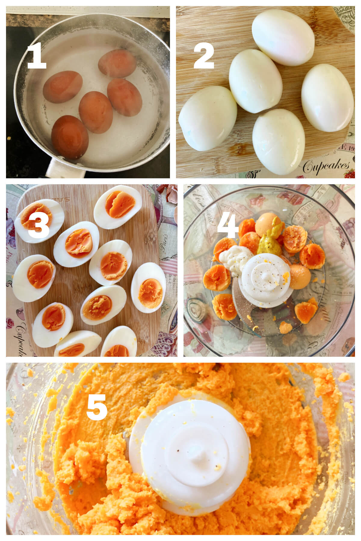 Collage of 5 photos to show how to make deviled eggs.