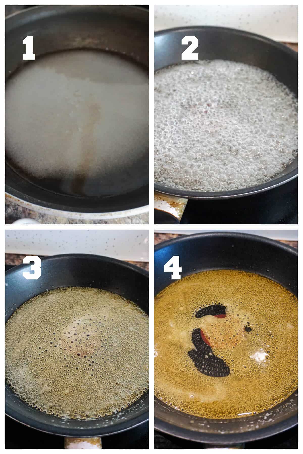 Collage of 4 photos to show how to make caramel for flan.