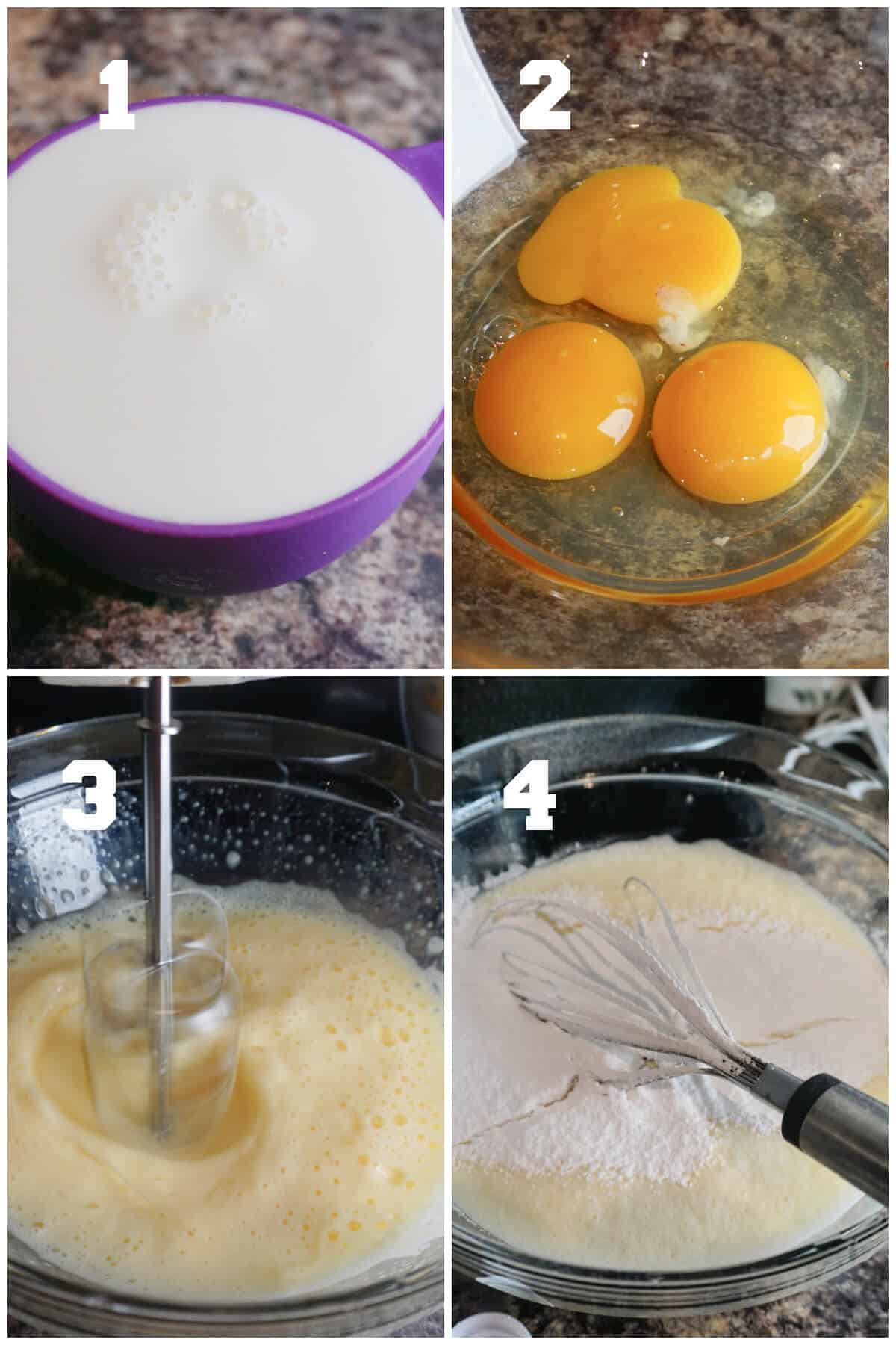 Collage of 4 photos to show how to make the custard for flan