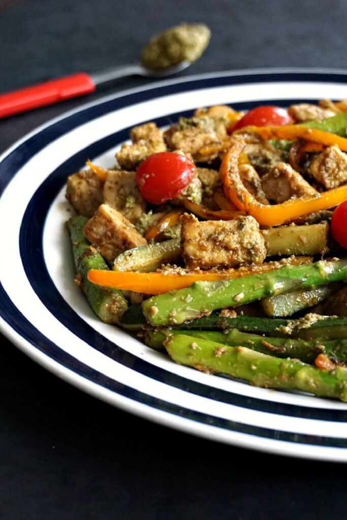 A plate with quorn pieces and veggies