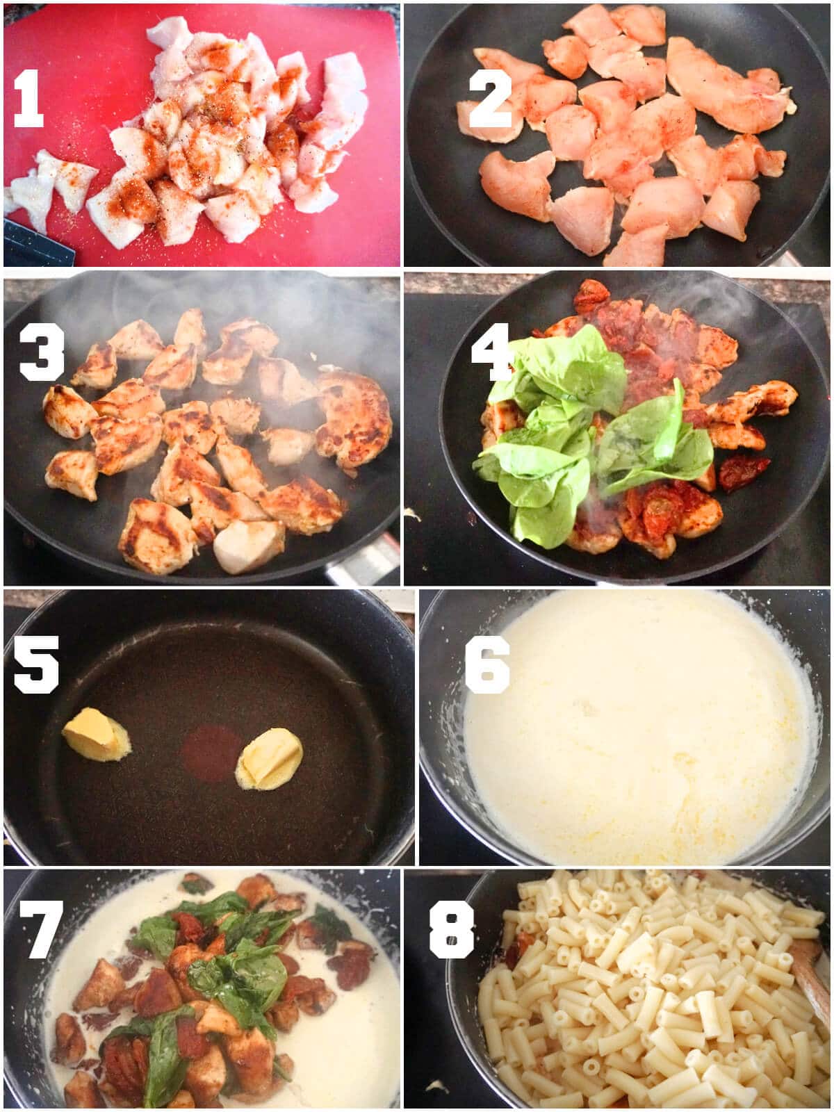 Collage of 8 photos to show how to make chicken alfredo pasta with sun-dried tomatoes and spinach.