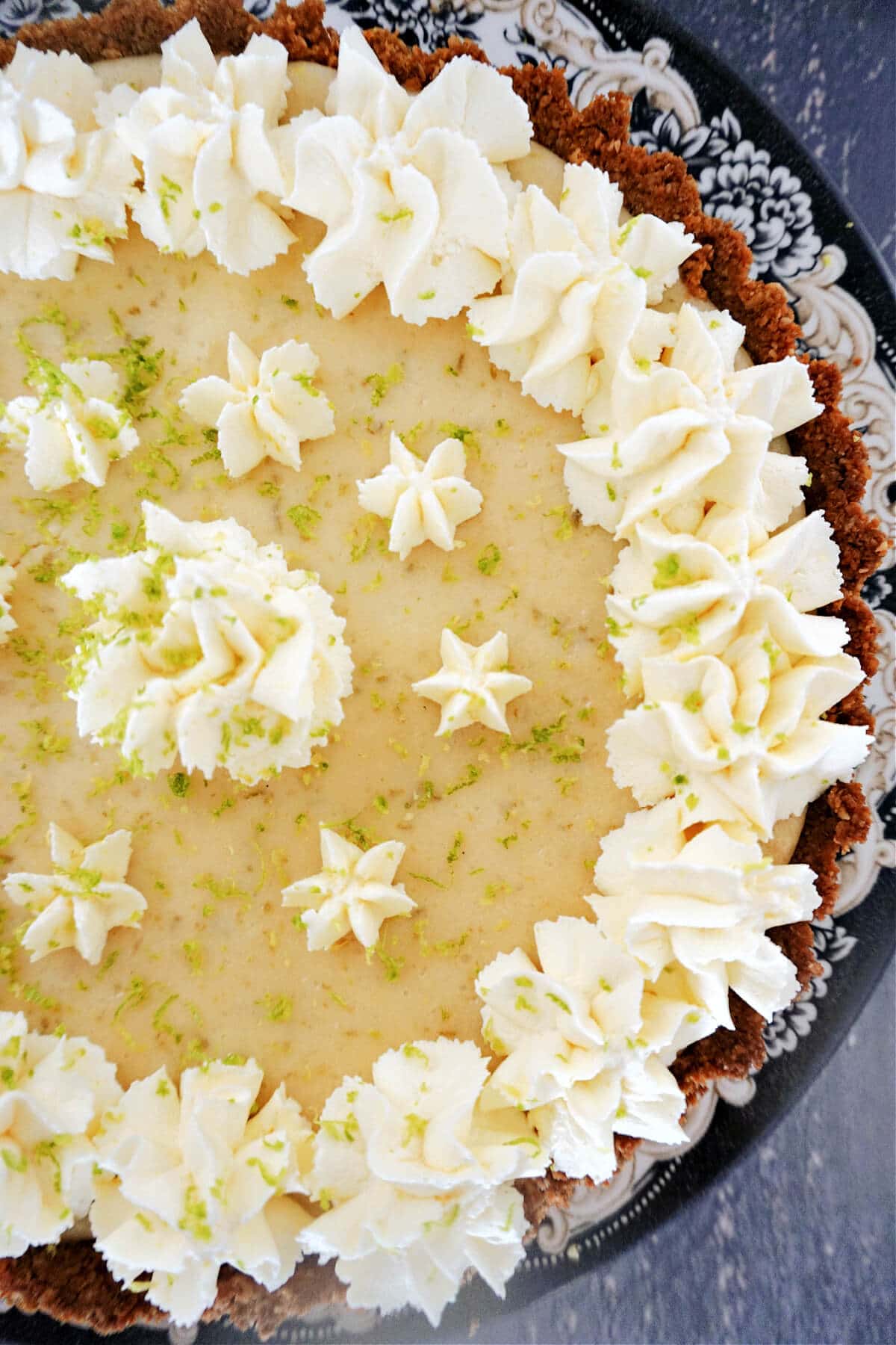 Close-up shot of half of a key lime pie.