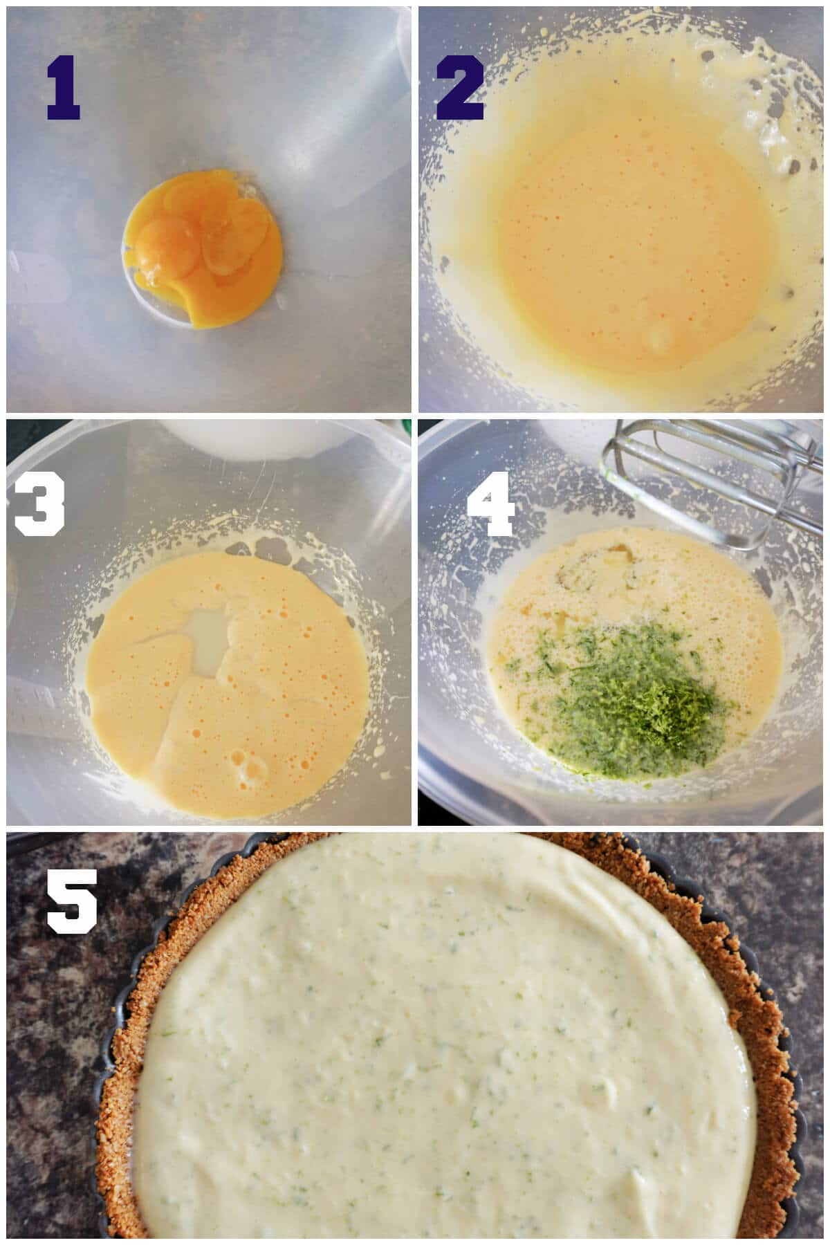 Collage of 5 photos to show how to make the filling for the key lime pie.