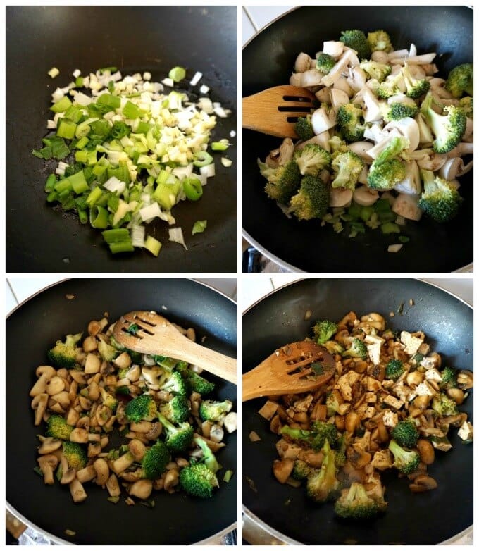 Collage of 4 photos to show step-by-step instructions how to make broccoli tofu stir fry