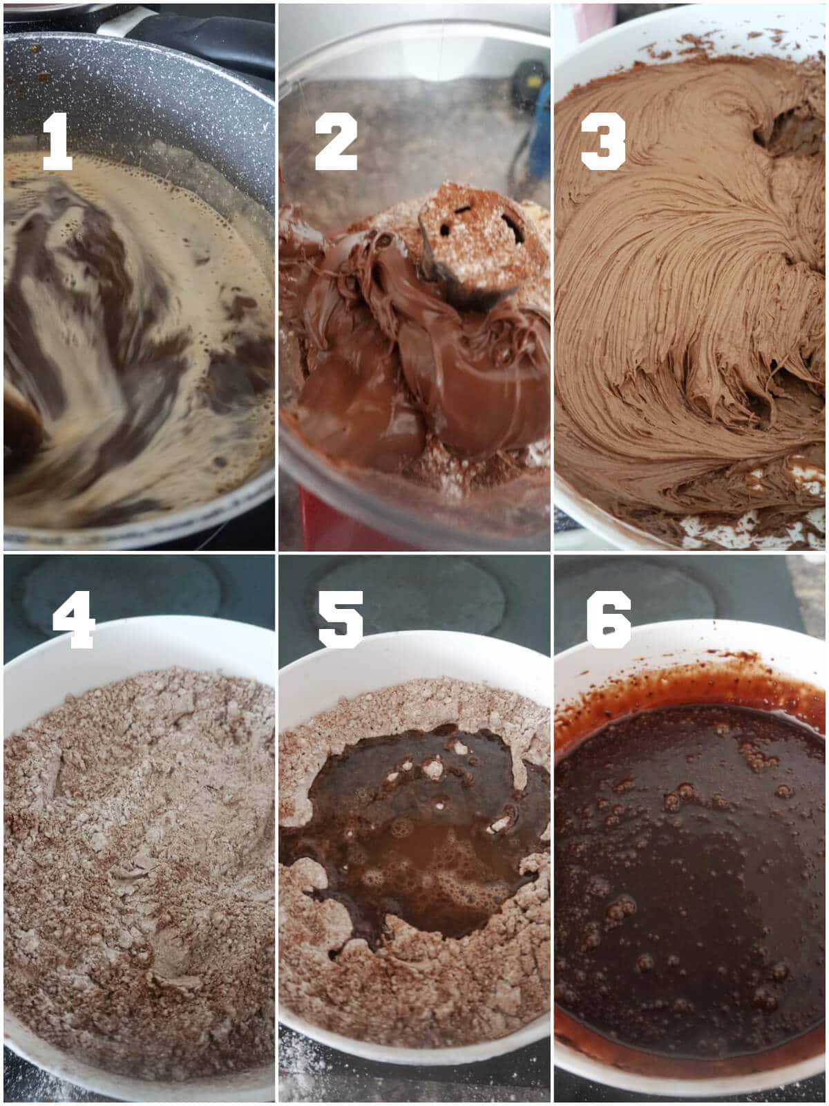 Collage of 6 photos to show how to make nutella filling and chocolate glaze.