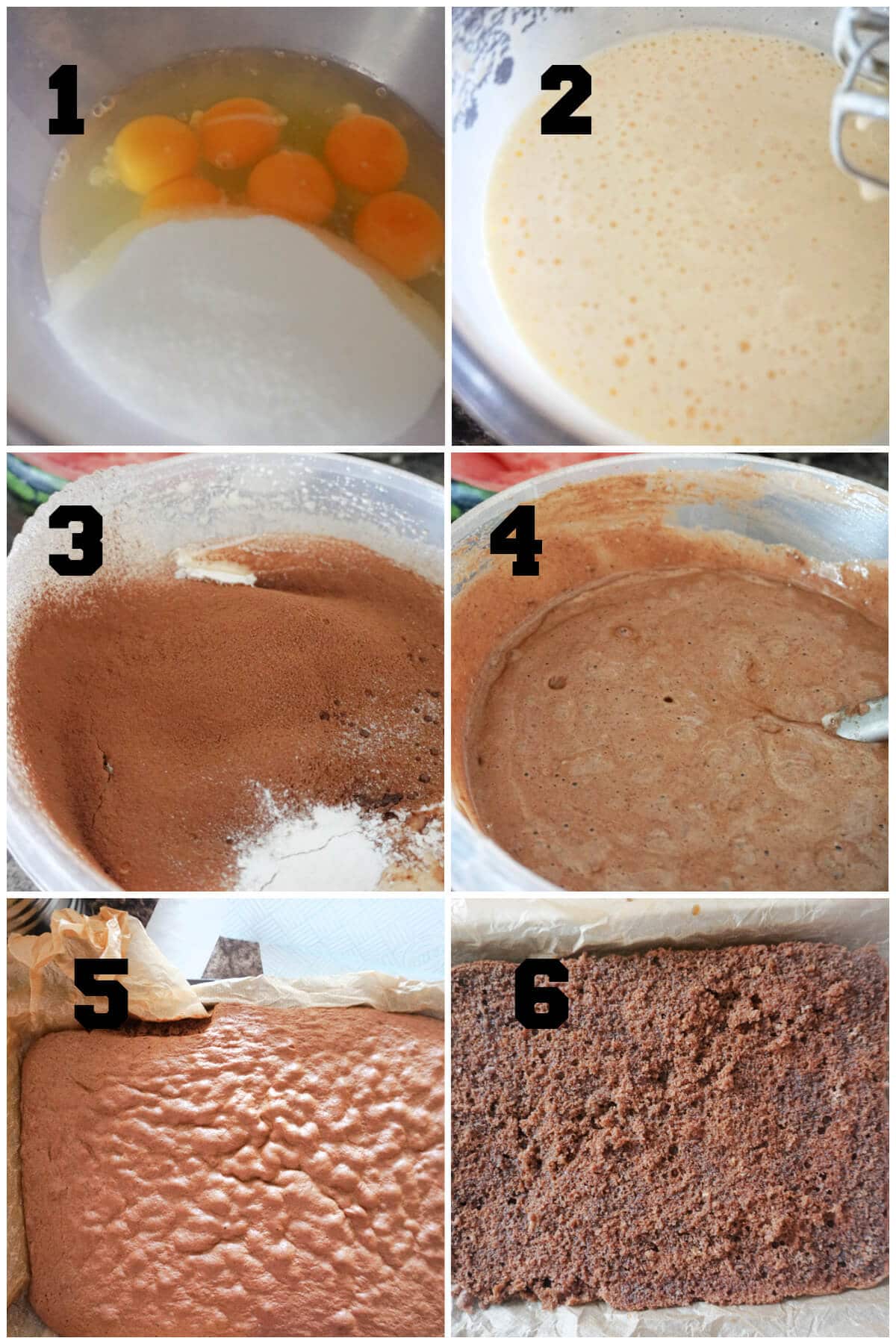 Collage of 6 photos to show how to make a chocolate sponge for cakes.