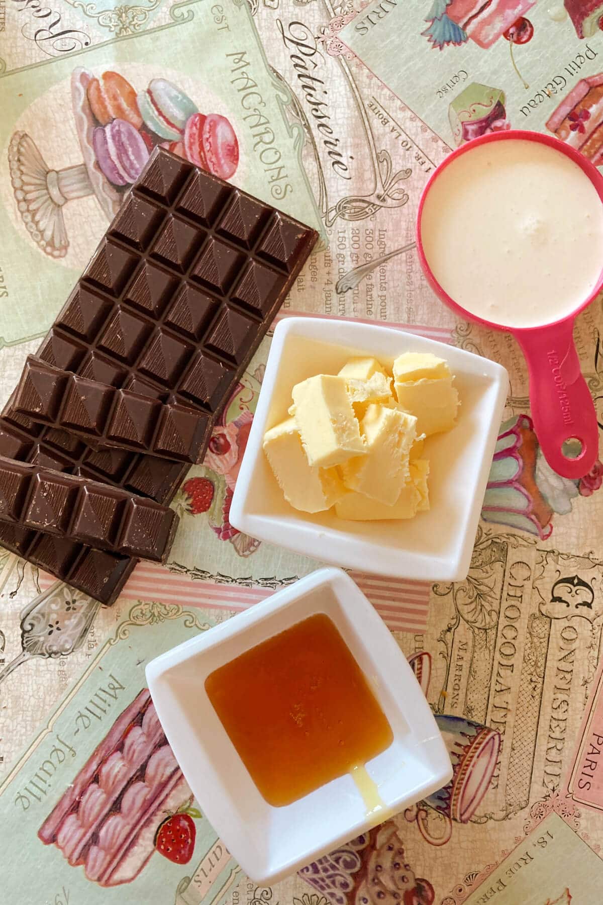 Overhead shoot of ingredients needed to make chocolate dipping sauce.