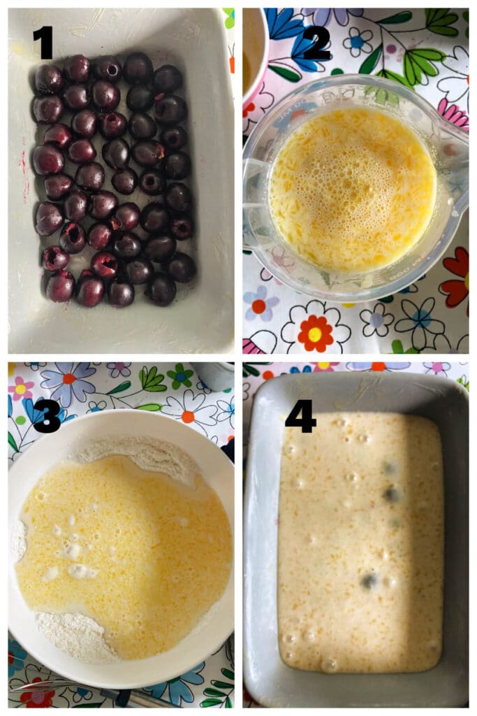 Collage of 4 photos to show how to make cherry clafoutis