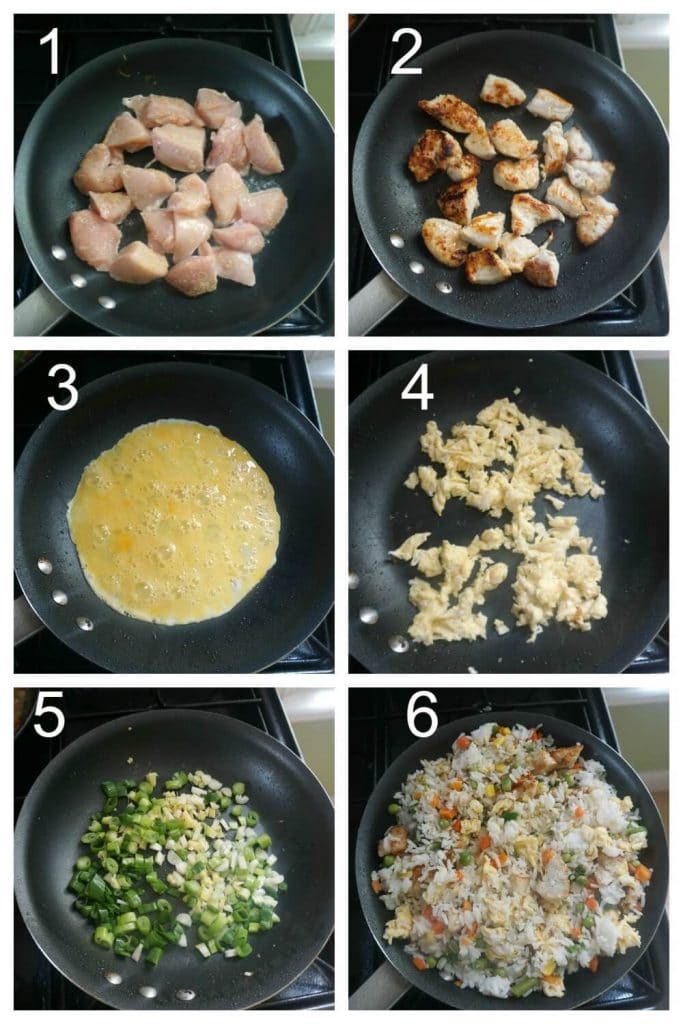 Collage of 6 photos to show how to make chicken egg fried rice