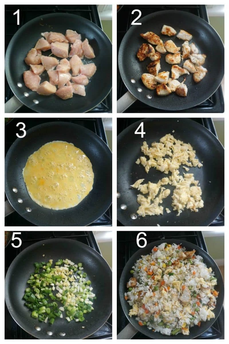 Collage of 6 photos to show how to make chicken egg fried rice.