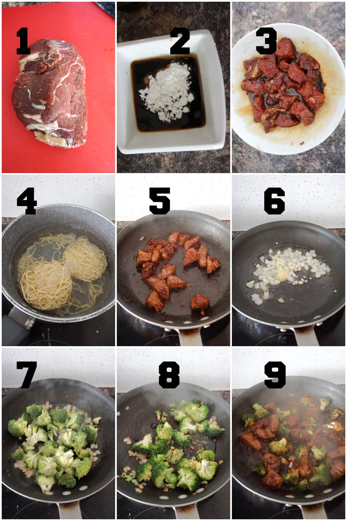 Collage of 9 photos to show how to make beef and broccoli noodle stir fry