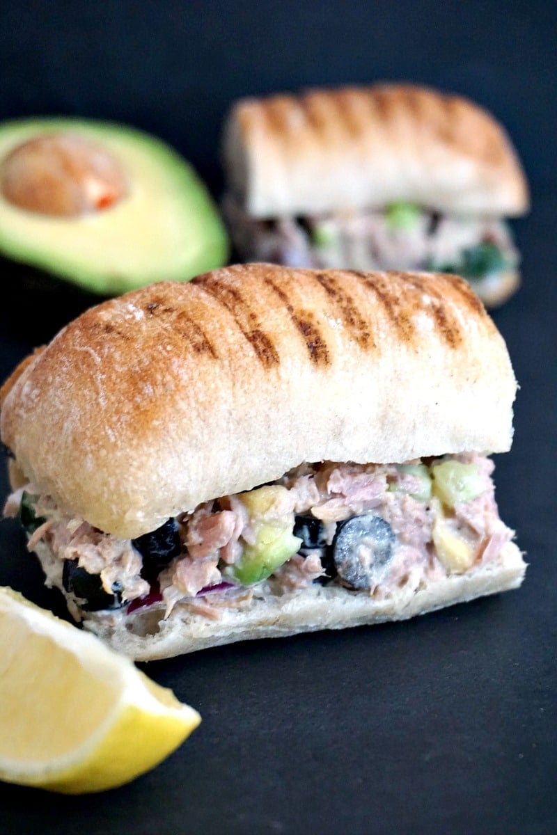 Easy tuna salad sandwich recipe with avocados, black olives and cucumber, healthy, filling and so delicious.