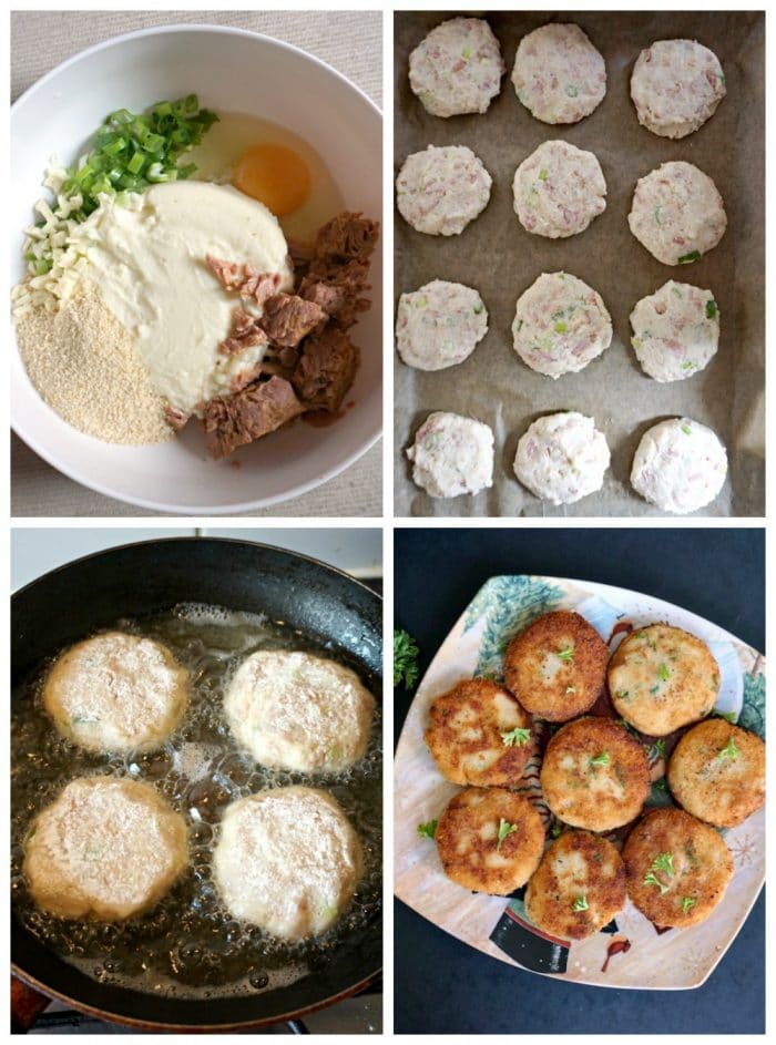 A collage of 4 photos to show how to make tuna and potato patties.