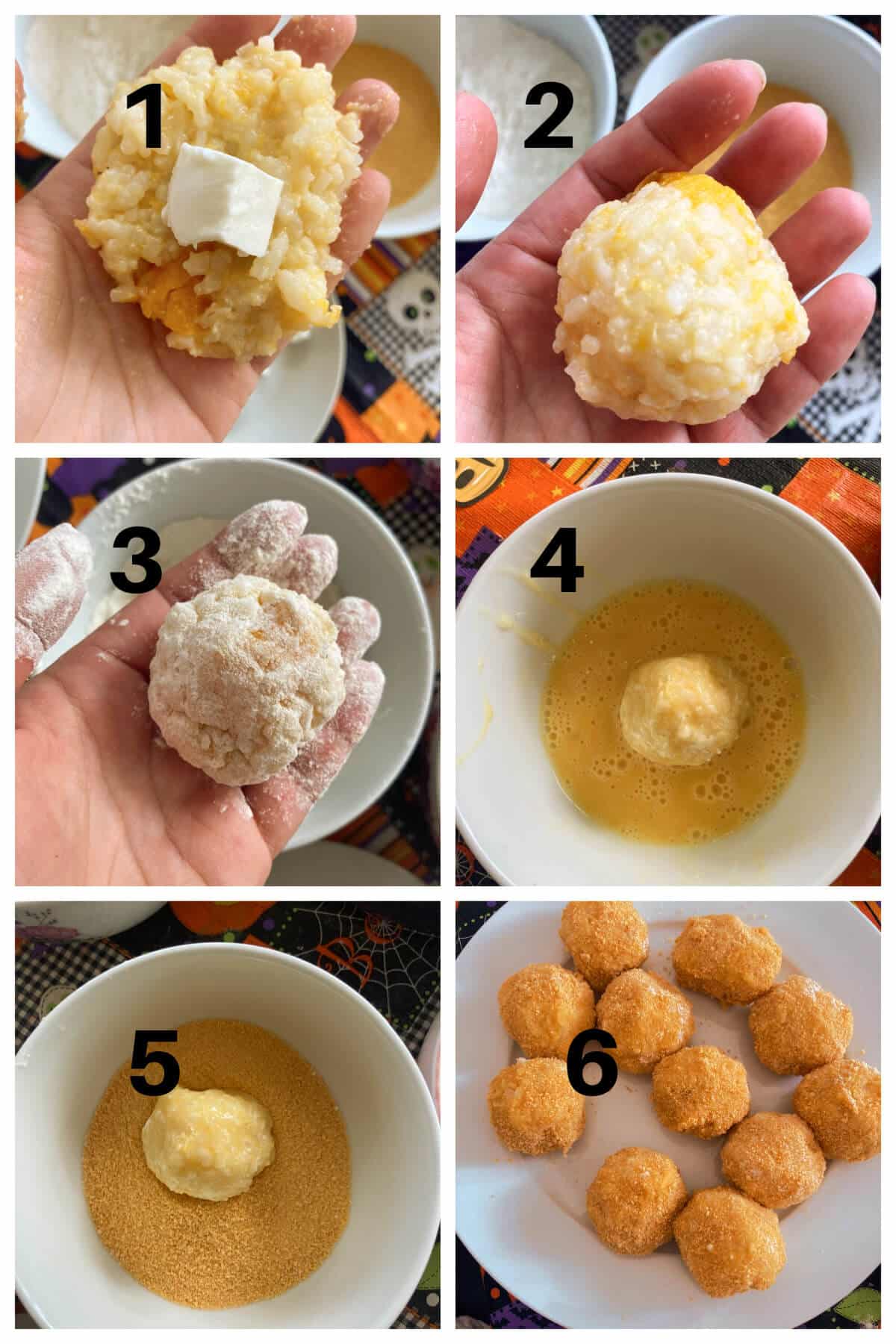 Collage of 6 photos to show how to make risotto balls.