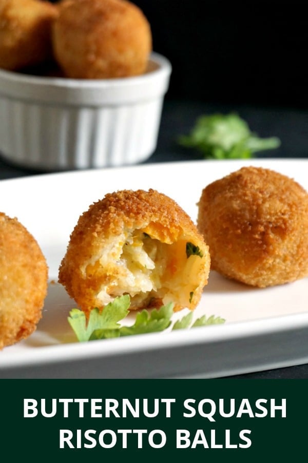 Butternut Squash Riotto Balls, the Italian Arancini, are a great choice when it comes to easy appetizers for parties. They make a nice, mess-free finger food to please a crowd. A great Thanksgiving appetizer.